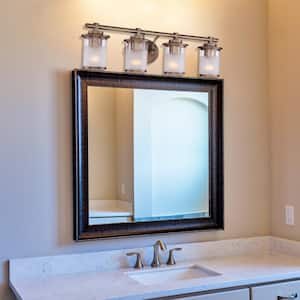 Essence 32.1 in. 4-Light Old Satin Bronze Transitional Vanity with Frosted and Clear Edge Glass Shades
