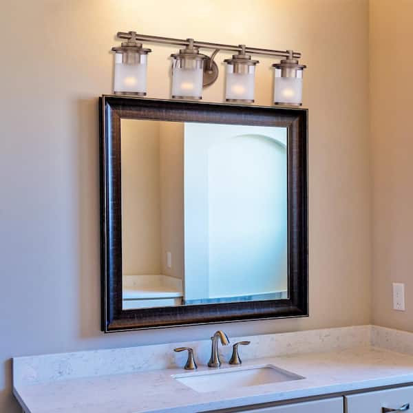 Essence 32.1 in. 4-Light Old Satin Brass Transitional Vanity Light with Frosted and Clear Edge Glass Shades