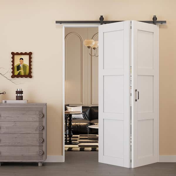 56 in. x 80 in. Paneled 3 Lite White Primed MDF Bifold Sliding Barn Door with Hardware Kit