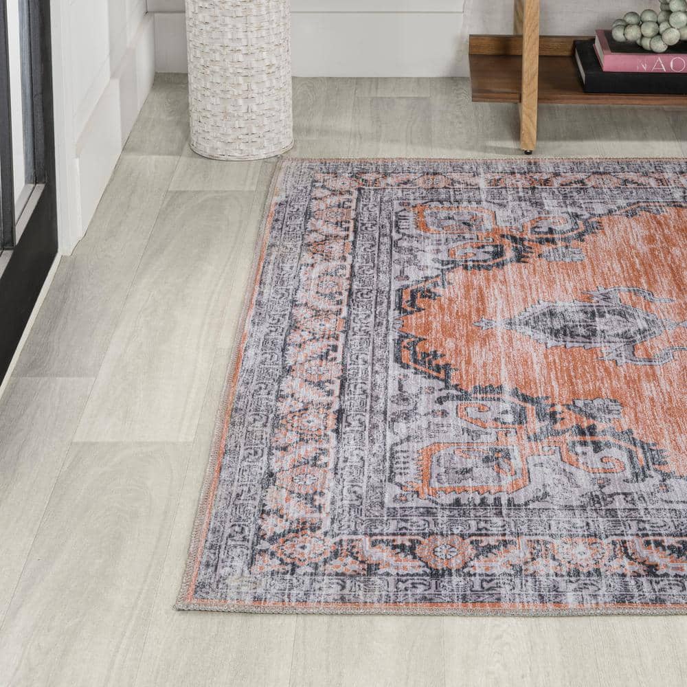 Wincer Chenille Medallion Washable Orange and Gray 5'3" x 7'7" Area Rug