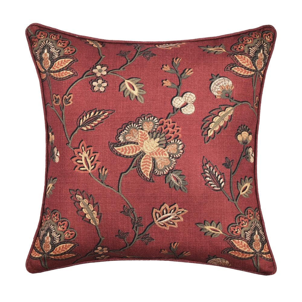 Bari Red Polyester Jacobean 20 Square Decorative Throw Pillow 20 In. L X
