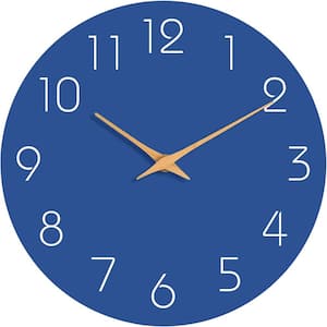 12 in. Blue Analog Silent Non-Ticking Wood Wall Clock Battery Operated Decorative for Office, Kitchen, and Bathroom