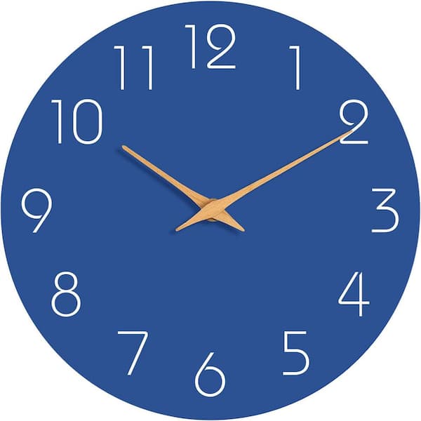 Afoxsos 12 in. Blue Analog Silent Non-Ticking Wood Wall Clock Battery Operated Decorative for Office, Kitchen, and Bathroom
