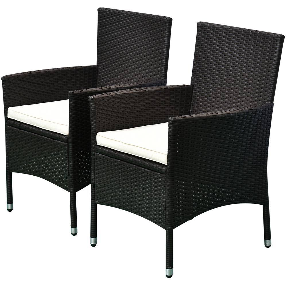 Dark Coffee Rattan Wicker Outdoor Dining Chairs with Cream Cushions