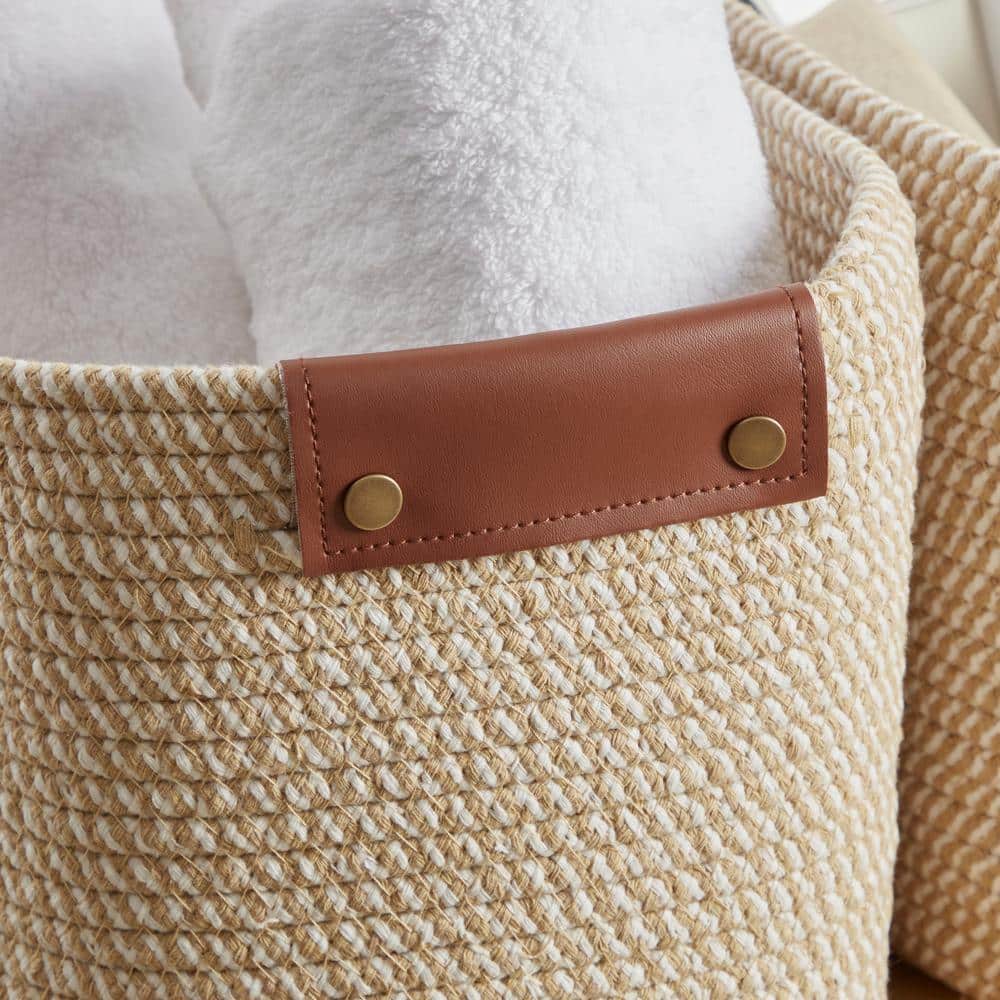 Set of 3 Beige Woven Cotton Rope Storage Baskets with Leather Handles