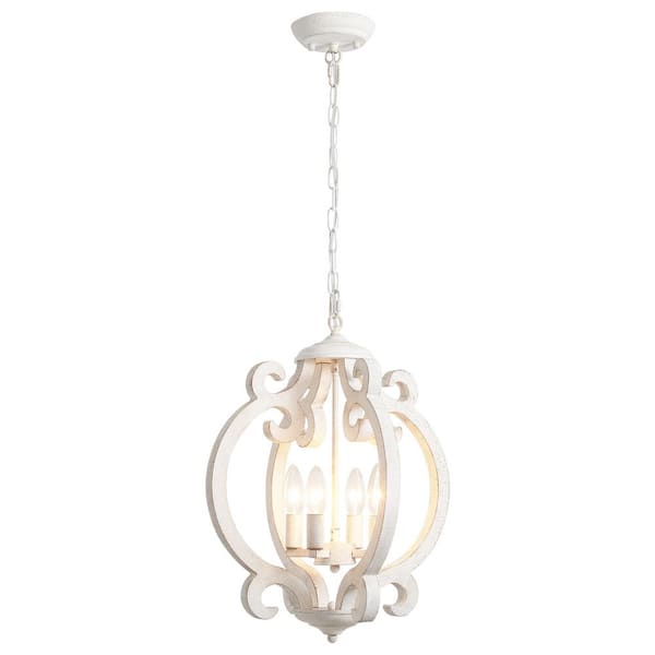 4-light Vintage White Lantern Chandelier With Wood Shade For Kitchen Island Foyer and NO Bulb Includes