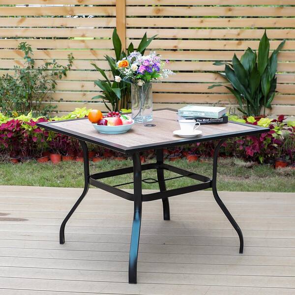 Phi Villa Black Square Metal Patio Outdoor Dining Table With 1 57 Umbrella Hole And Wood Look Tabletop Thd E02gf060 5 Phi Villa Black Square Metal Patio, Outdoor Table With Umbrella Hole Ikea