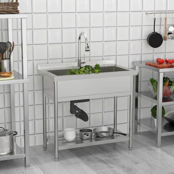 36 in. W x 21 in. D Freestanding Stainless Steel 1-Compartment Commercial Kitchen Sink with Faucet and Drain