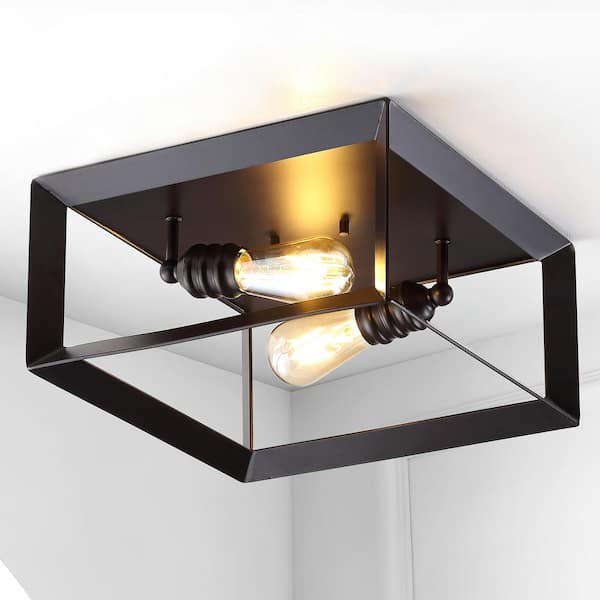 JONATHAN Y Marfa Square 13 in. 2-Light Oil Rubbed Bronze Iron Modern Farmhouse LED Flush Mount