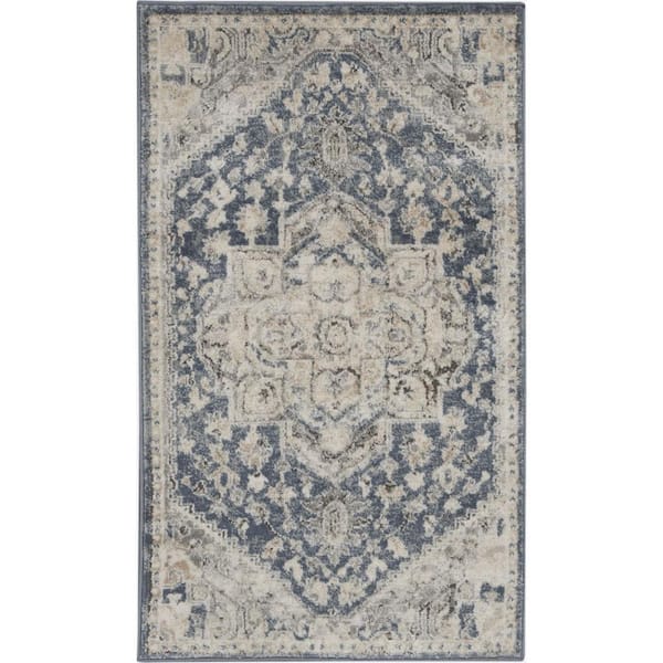 HomeRoots Ivory and Blue 2 ft. X 4 ft. Oriental Area Rug