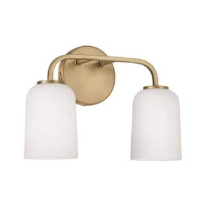 13.75 in. W x 9.75 in. H 2-Light Vanity Light in Aged Brass with Soft White Glass