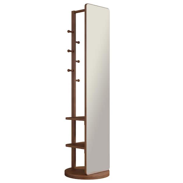 Gunther Rotating Walnut Brown 20 in. W x 69 in. H Wood Large Full Length Mirror with Storage Rack, Coat Rack with Mirror
