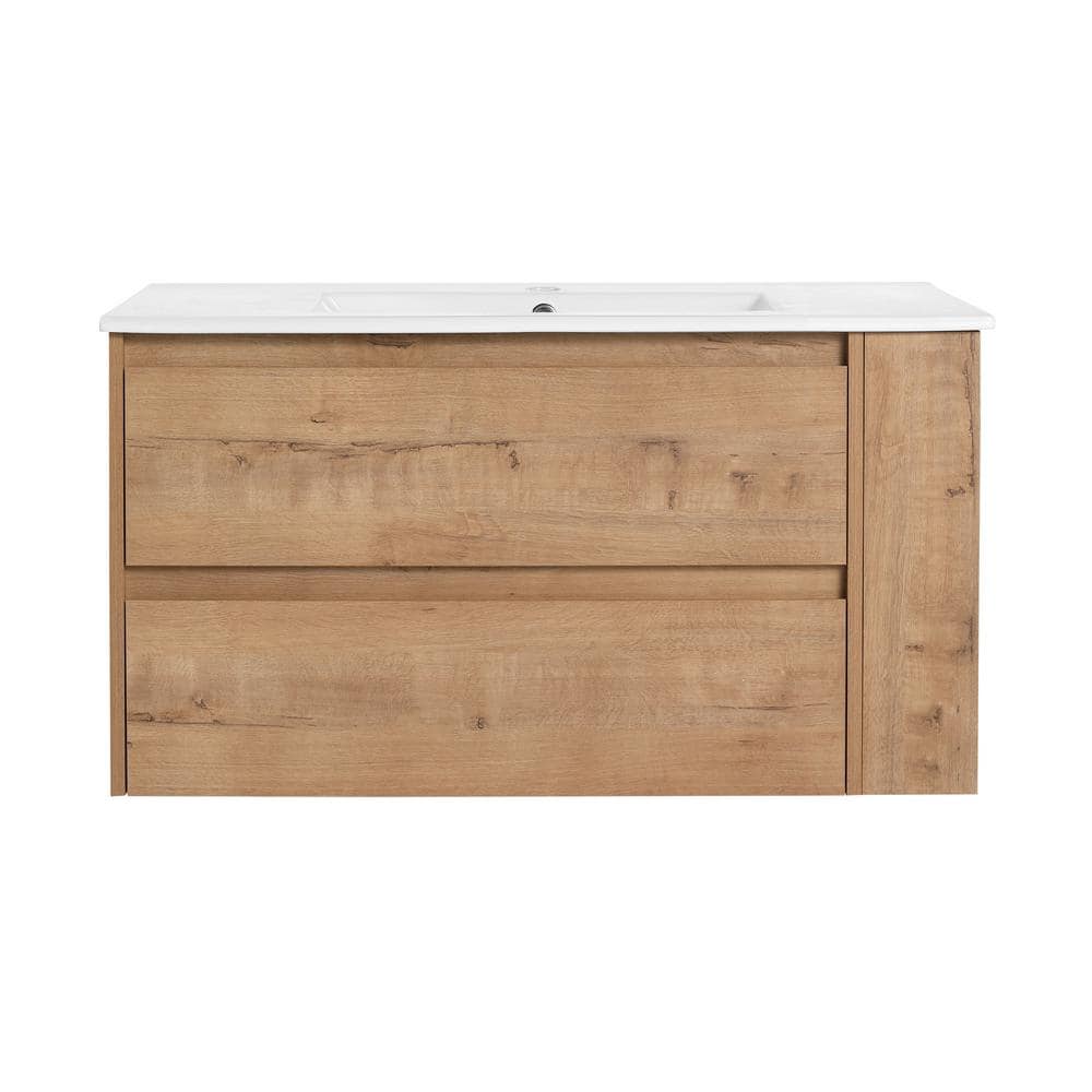 35.90 in. W 18.30 in. D 19.70 in. H Single Sink Wall Mounting Bath Vanity in Oak with White Ceramic Top price history on PriceWatchPro