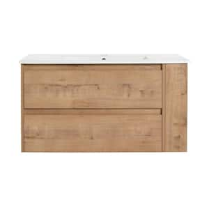 35.90 in. W 18.30 in. D 19.70 in. H Single Sink Wall Mounting Bath Vanity in Oak with White Ceramic Top