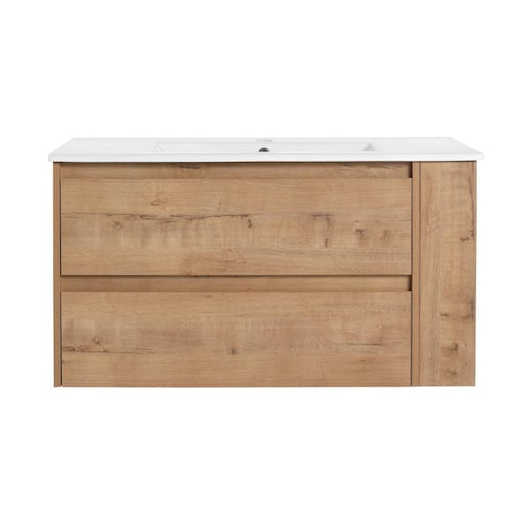 Boosicavelly 35.90 in. W 18.30 in. D 19.70 in. H Single Sink Wall Mounting Bath Vanity in Oak with White Ceramic Top