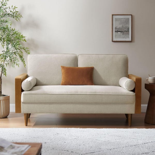MODWAY Kellan 61 in. Square Arm Leather Rectangle Sofa in Walnut Heathered Weave Light Beige