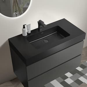 36 in. Single Sink Wall Mounted Gray Bath Vanity with Black Solid Surface Top Unassembled without Drain and Faucet