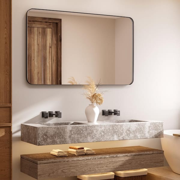 HOMEIBRO 60 in. W x 36 in. H Tempered Glass Rectangular Framed Wall-Mounted Bathroom Vanity Mirror in Black