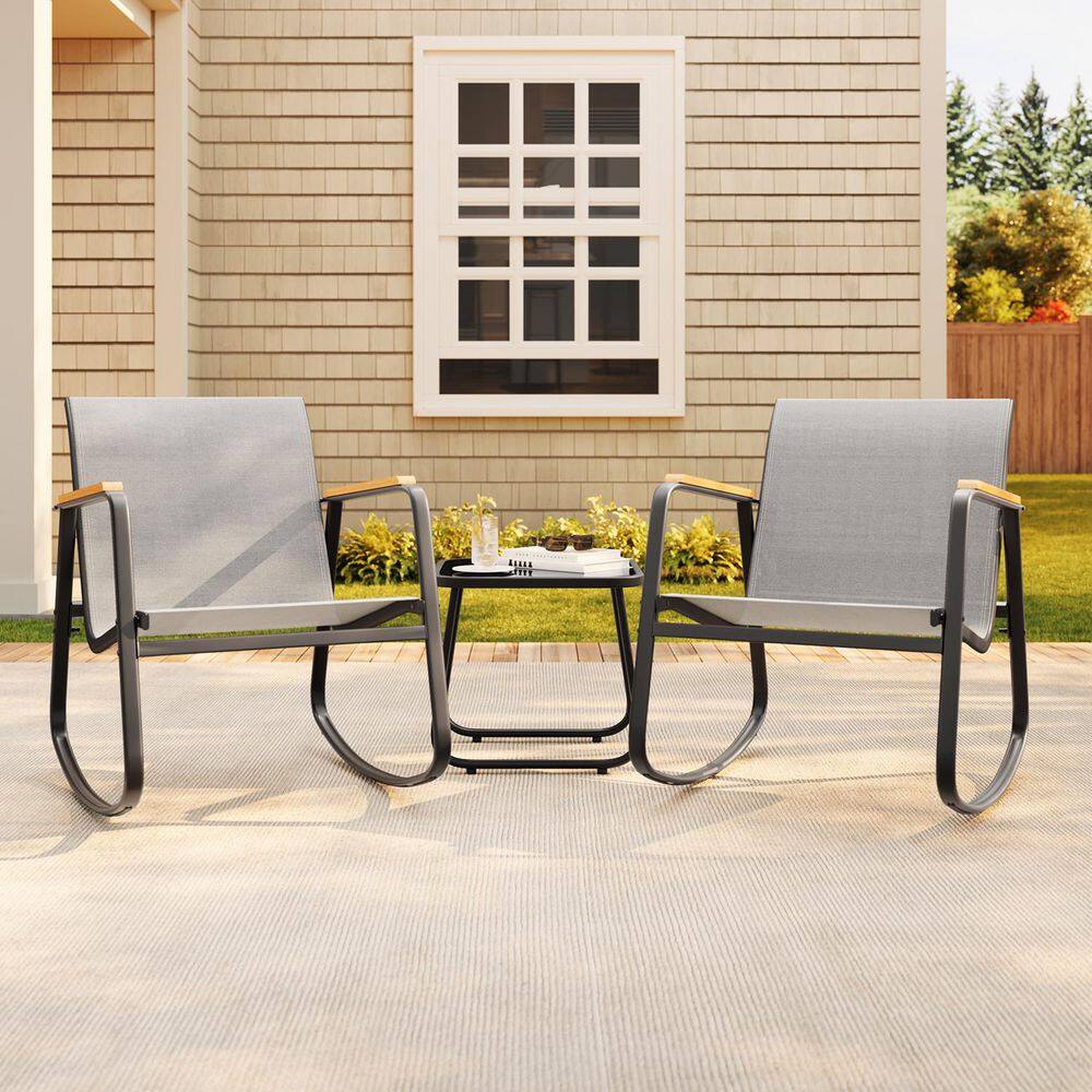 3-Piece Steel Textilene Fabric Rocking Patio Bistro Set with Glass Table, Outdoor Seating for Poolside Porch Lawn, Gray price history on PriceWatchPro