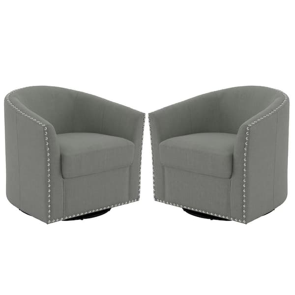 Light Gray Linen Metal Base Upholstered 360° Swivel Accent Barrel Chair With Nailhead Trim(Set of 2)