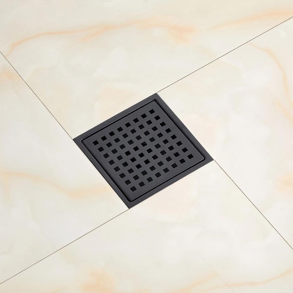 6 in. Square Stainless Steel Grid Shower Floor Drain with Flange in Matte Black