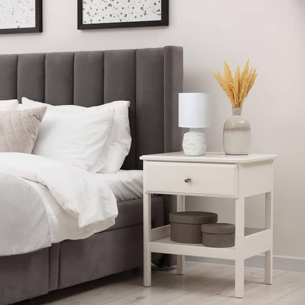 13.78 in. Marble-Inspired Concrete Table Lamp, Off White Base w/Fabric Shade for Living Room or Dorm