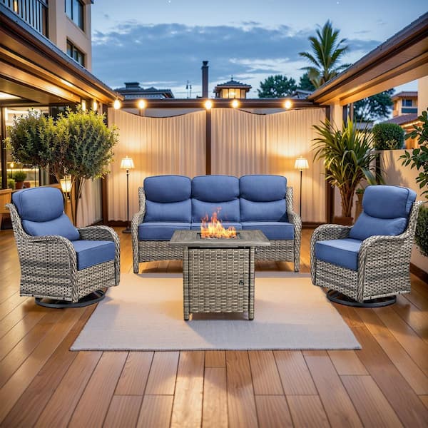 MoonLuxe Gray Wicker Fire Pit Conversation Set with Blue Olefin 6 in. Thick Cushions Patio Swivel Chairs (4-Piece)