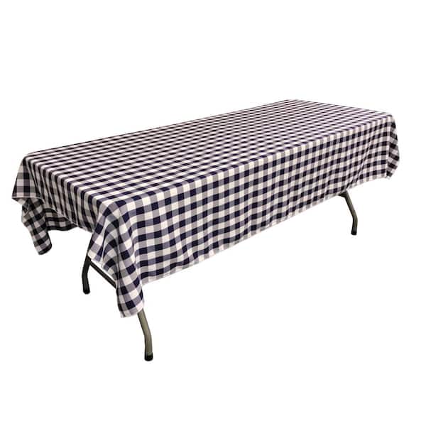 LA Linen 60 in. x 108 in. White and Navy Polyester Gingham Checkered Rectangular Tablecloth