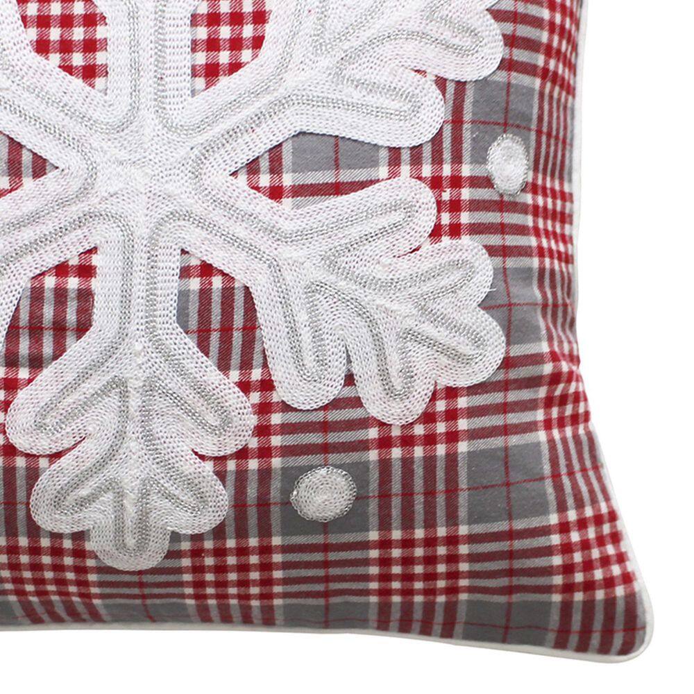 Red and Gray Embroidered Snowflake Plaid Square Pillow