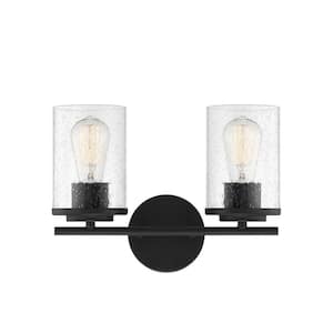 Marshall 13.25 in. W x 9.5 in. H 2-Light Matte Black Bathroom Vanity Light with Clear Glass Shades