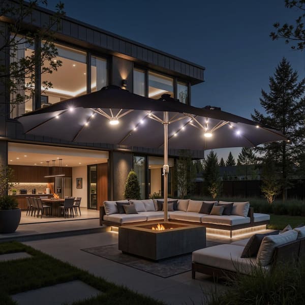 MISO Double Top 14.5 ft. Steel Cantilever Outdoor Patio Umbrella with Base and Solar LED in Navy Blue