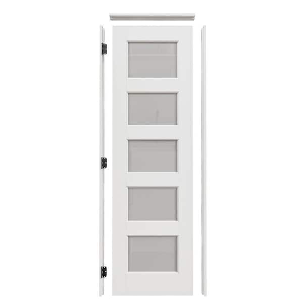 24 in. x 80 in. Right-Handed 5 Lite Frosted Glass White Finished Solid Core MDF Single door Kit with Quick Assemble Jamb