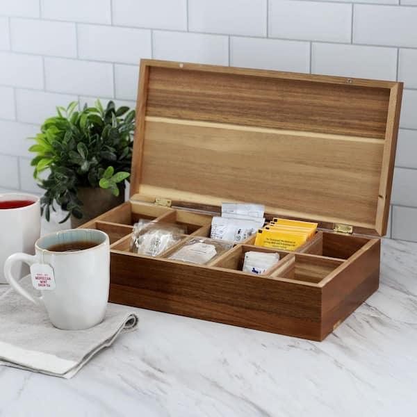 Elama Acacia Wood 14.25 x 7.5 Inch 10 Compartment Tea Box