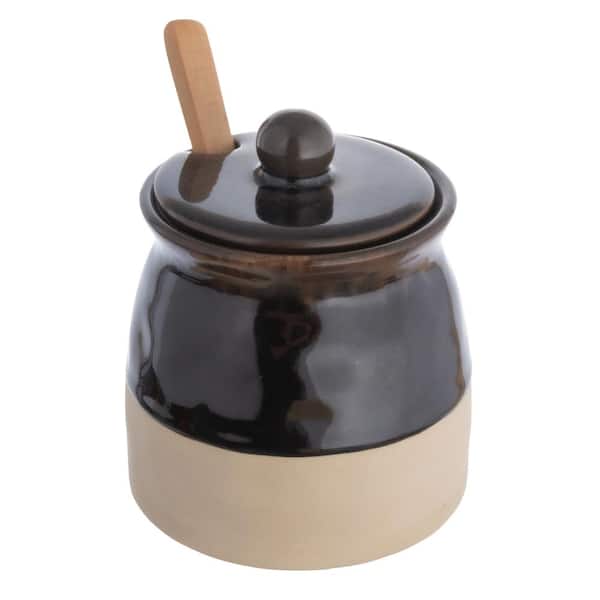 Storied Home 11.8 fl. oz. Black Stoneware Sugar Pot with Lid & Wood Spoon (Set of 2)