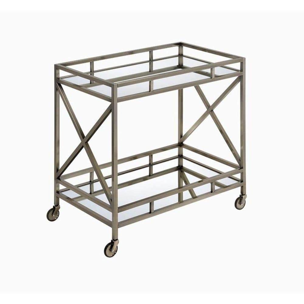 Elegant Silver Metal and Glass Rectangular Serving Cart with Wine Storage