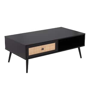 Bora Bora 23 .25 in. Black Rectangle Wood Coffee Table with Sliding Drawer and Rattan Accent