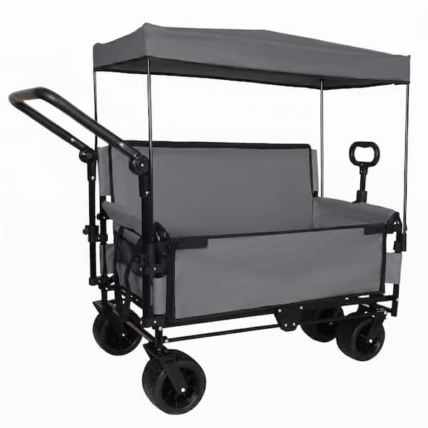 4 cu. ft. 3-in-1 Gray Folding Steel Garden Cart with Bench Seat & Canopy & Storage, 500lbs Heavy-Duty for Camping Beach