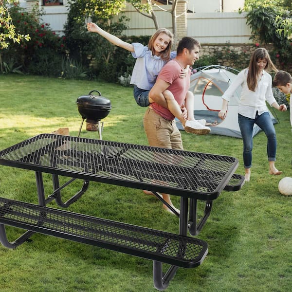 72 in. Rectangle Heavy-Duty Steel Outdoor Picnic Table with Umbrella Hole, Black