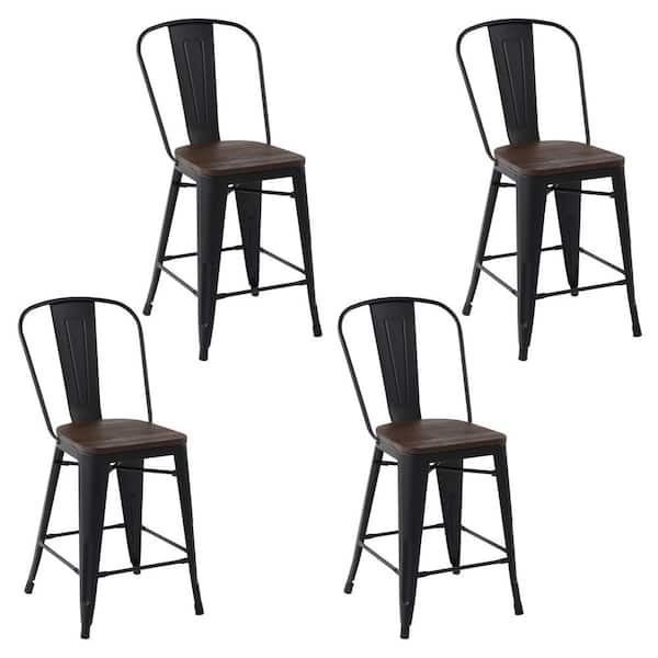 Homy Casa Thocar 24 in. Kitchen Counter Height Black Metal Bar Stools with Wooden Seats and Backrest, Indoor Outdoor Set of 4