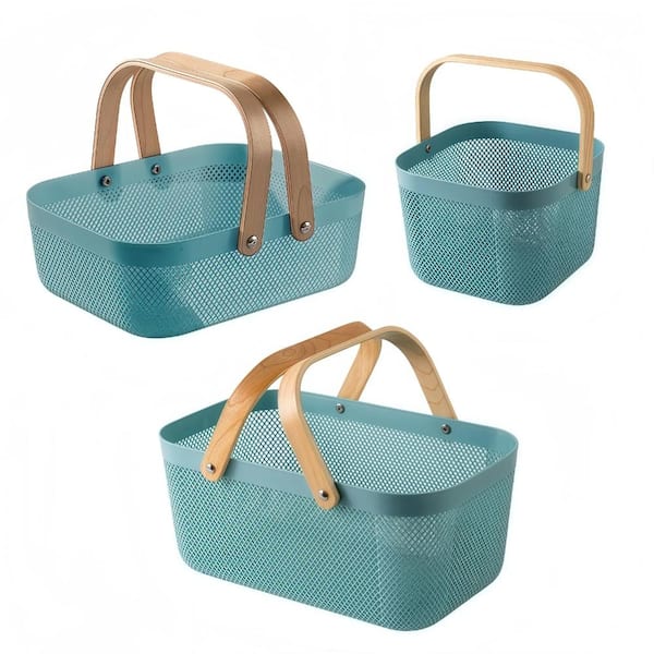3 Piece Blue Plastic Rectangular Picnic Basket Set with Collapsible Wooden Handles for Outdoor Dining and Storage
