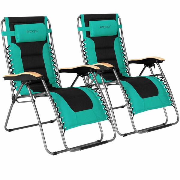 Zero Gravity 2 Folding Lounge Beach Chairs Square Frame W/Holder 350LBS Capacity 