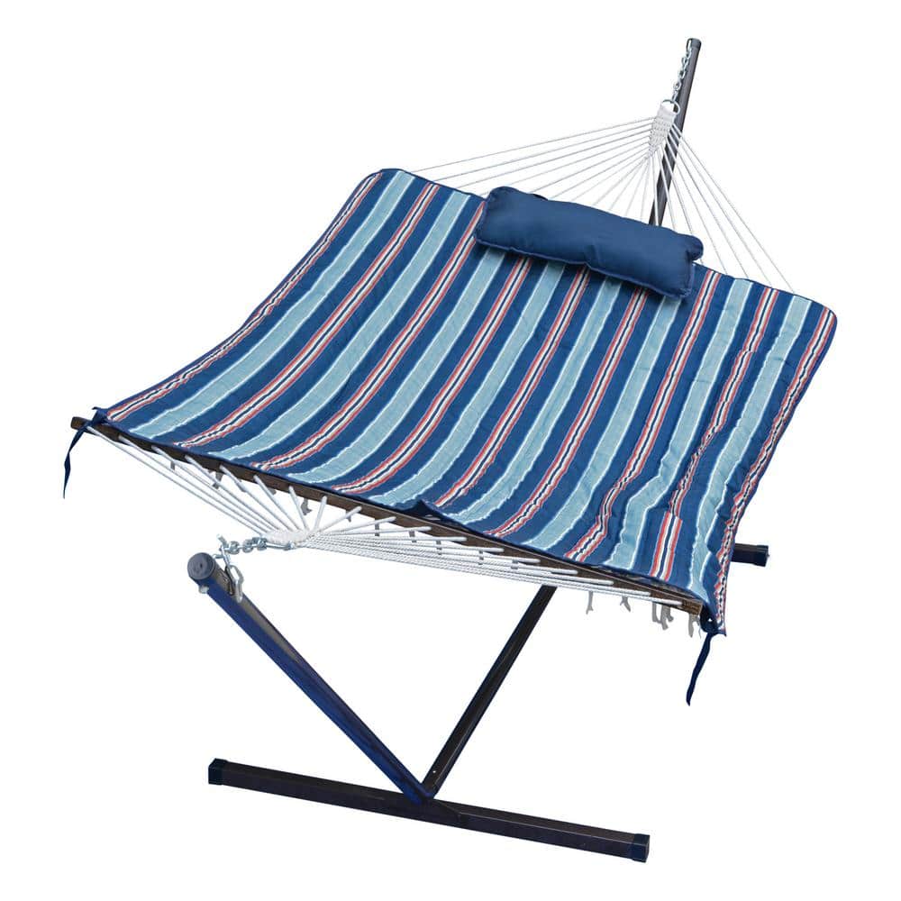 Blue and Red Cotton Rope Hammock with Stand, Pad, and Pillow