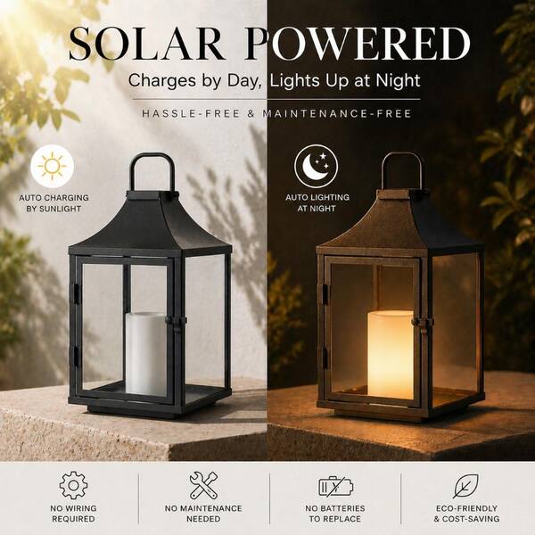 ALOA DECOR H12'' Outdoor Solar Lantern with Flickering LED Candle