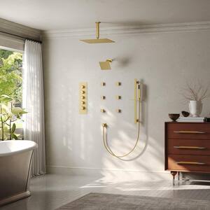 13-Spray Patterns 16 and 6 in. Ceiling Mount Dual Shower Head and Handheld Shower Head 2.5 GPM in Brushed Gold