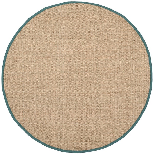 Natural Fiber Natural/Light Blue 8 ft. x 8 ft. Border Woven Round Area Rug
