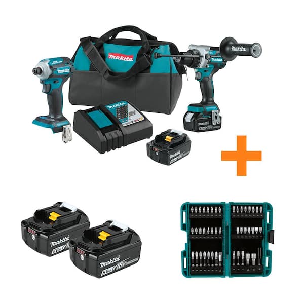 Makita 18V LXT Brushless Combo Kit 5.0 Ah (2-Pc) with bonus 18V 5.0Ah LXT Battery 2-pk and IMPACT XPS Impact Bit Set(45-Pc)
