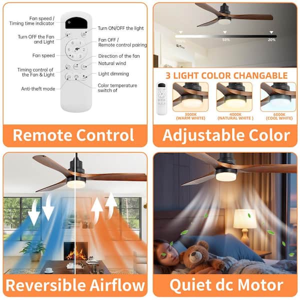 52 in. Brown Ceiling Fan Light With 6 Speed Downrod Mount Remote Reversible Energy-saving DC Motor