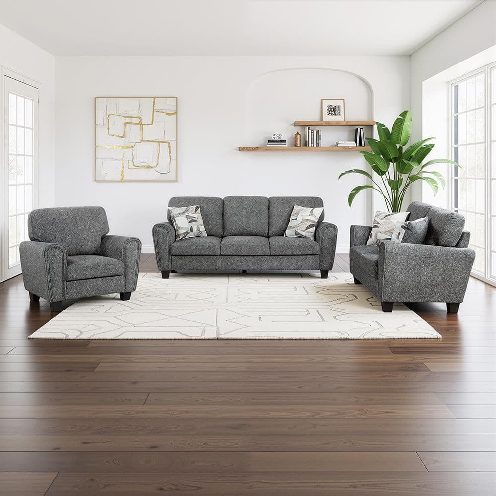 Tabor 85 in. W Straight Arm Chenille Rectangle 3-Piece Living Room Sofa Set in Dark Gray