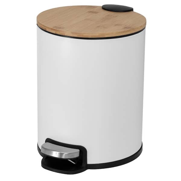 Round 5 L Pedal Trash Bin with Bamboo Soft Close Lid in White and Natural Bamboo