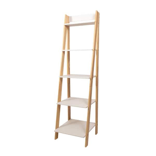 Adeptus 62.2 in. Natural/White Wood 5-shelf Ladder Bookcase with Open Back